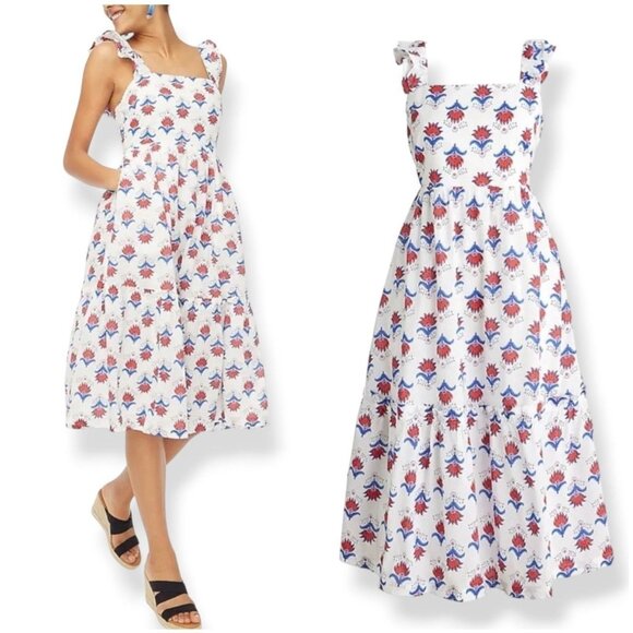J Crew Factory White Floral Midi Dress Square Neck Pockets Smocked Sundress sz 2 - Picture 1 of 4